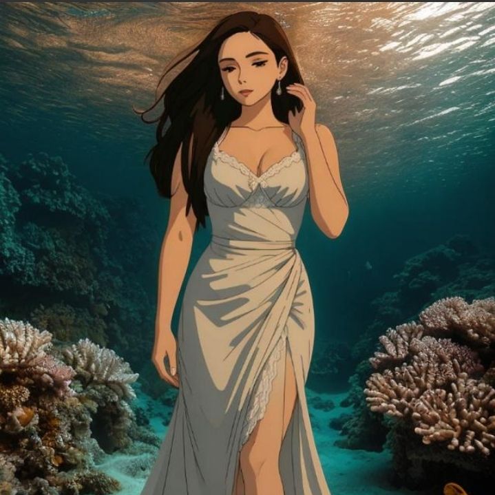 A woman in a white dress, seemingly floating, stands in an u...