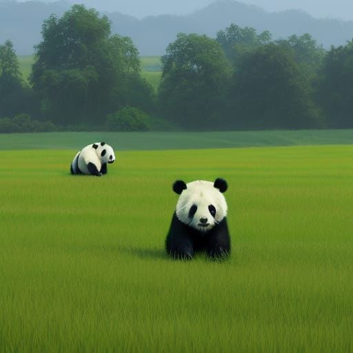 Panda’s playing in a lush field 