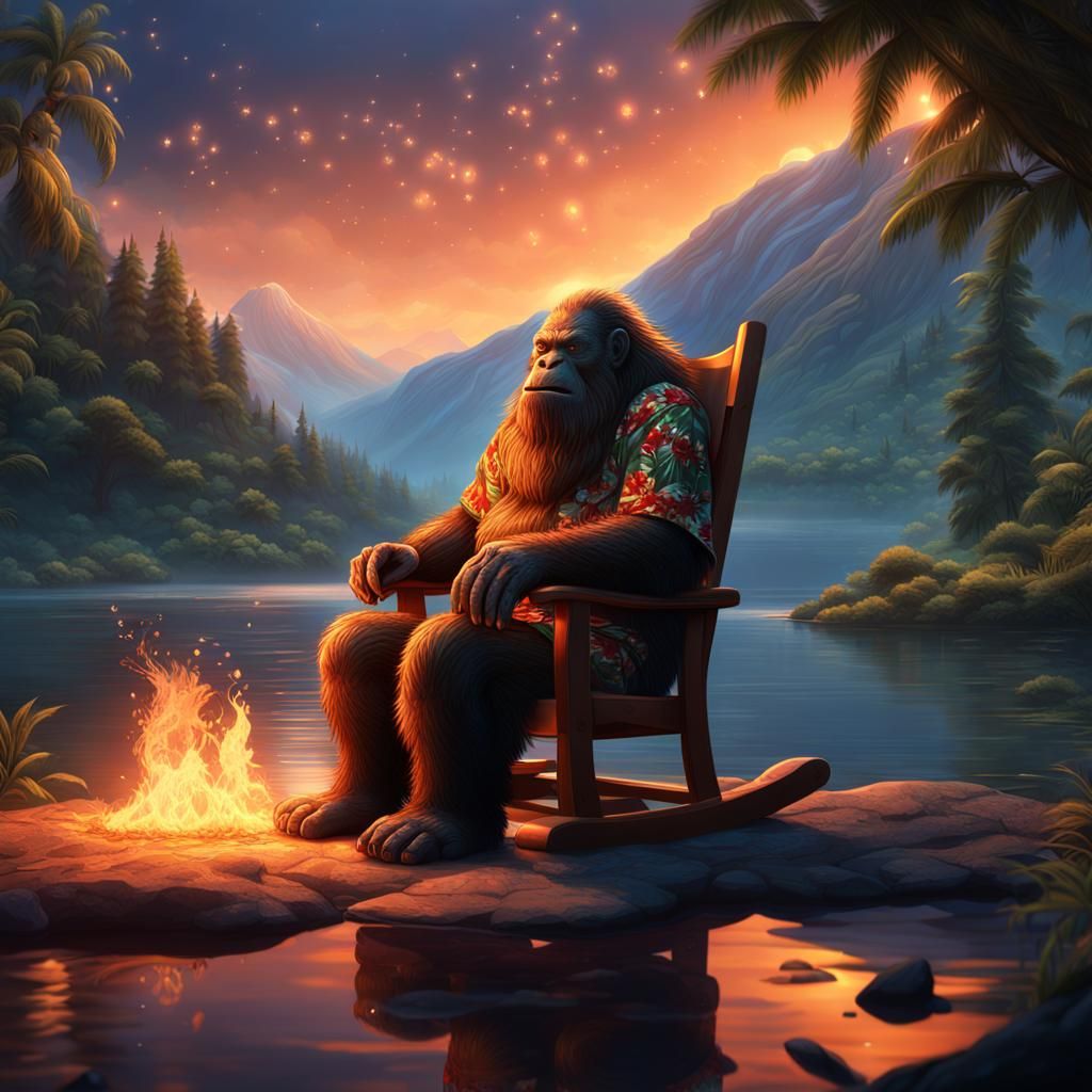 Big foot wearing a Hawaiian shirt sitting in a chair by a la...