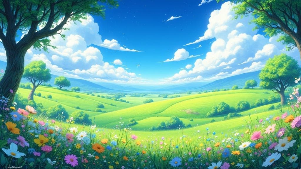 Whimsical Anime Landscape with Wildflowers and Towering Tree...