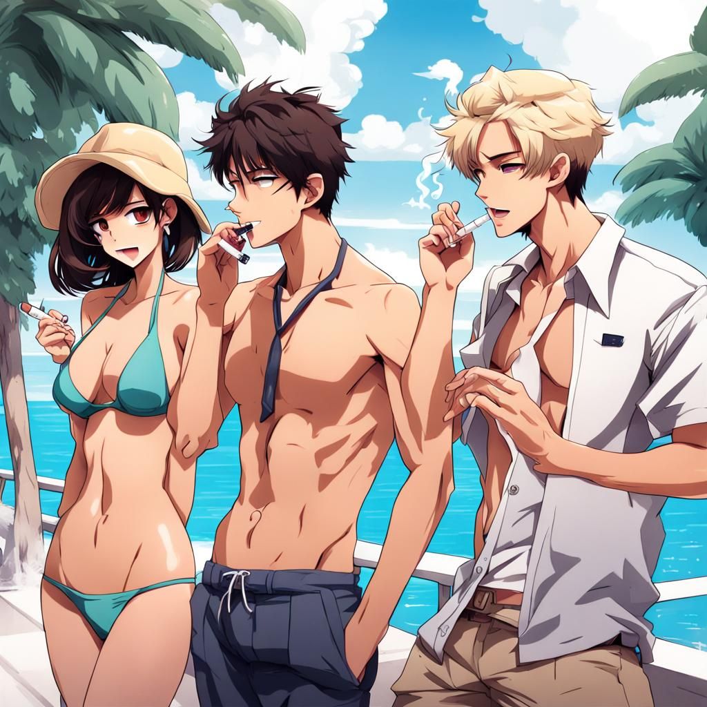 create a cartoon of two stylish boys smoking with women in b...