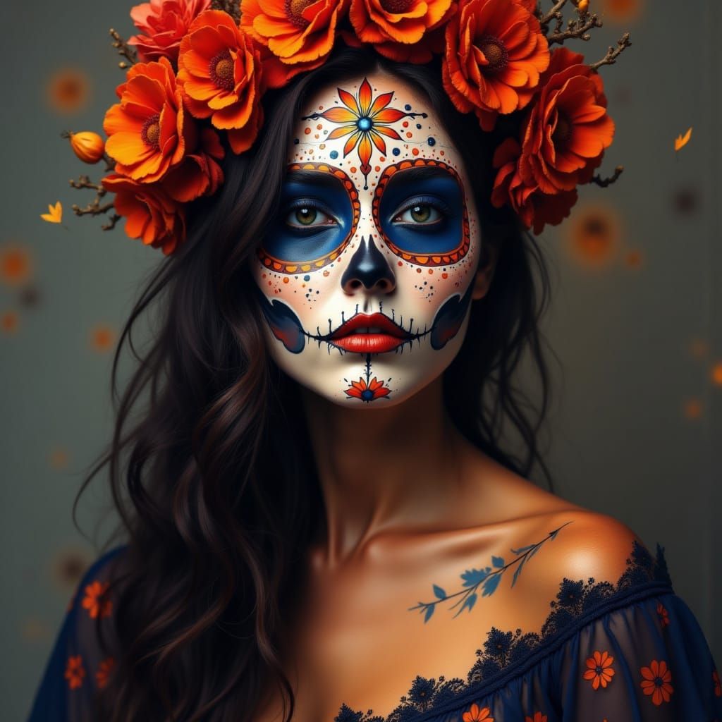 Medium shot of a beautiful woman wearing colorful Día de los Muertos face paint. <lora:Caffeine Grimoire:1.0>