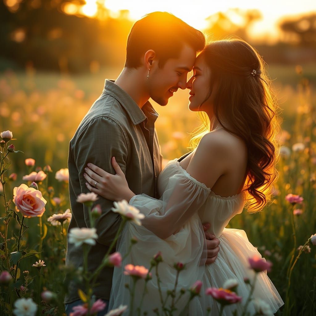 Ethereal Sunset Embrace in a Romantic Meadow
