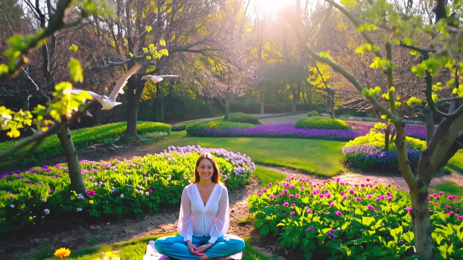 A serene woman sits cross-legged in a lush spring garden, deep in meditation. The scene is bathed in golden “God light” ...