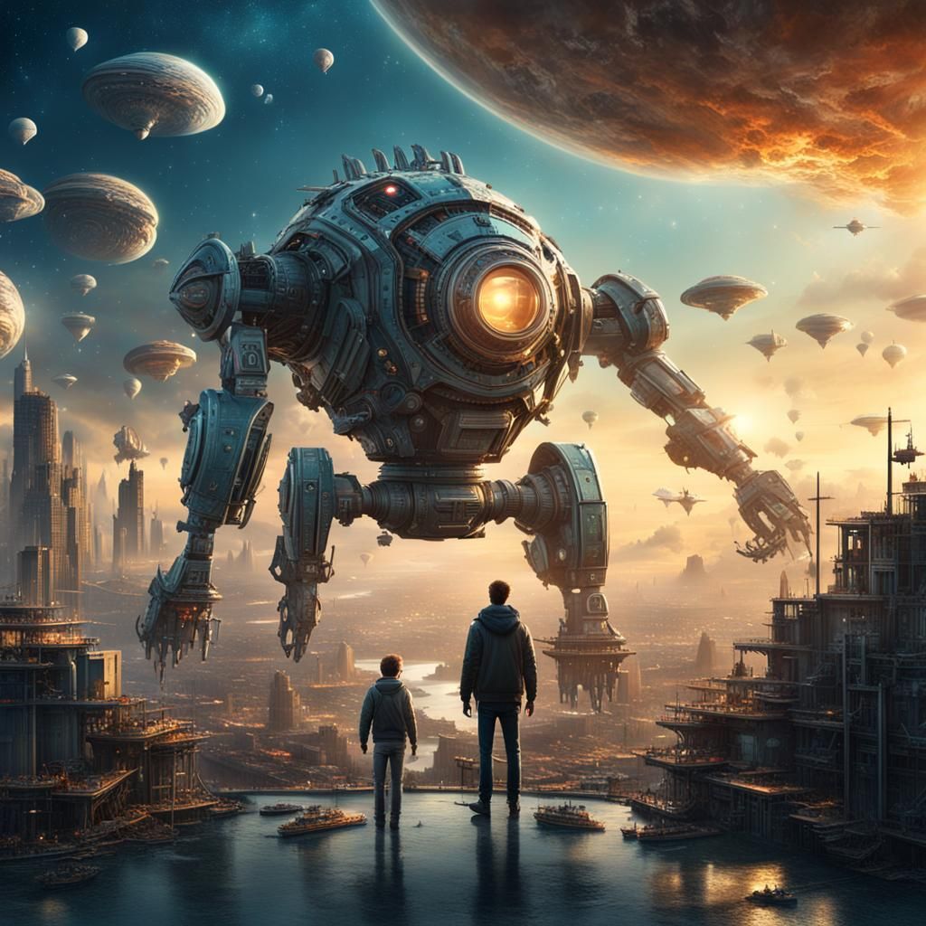 groupe une humain et un robot ami, ambiance futuriste, étoil...