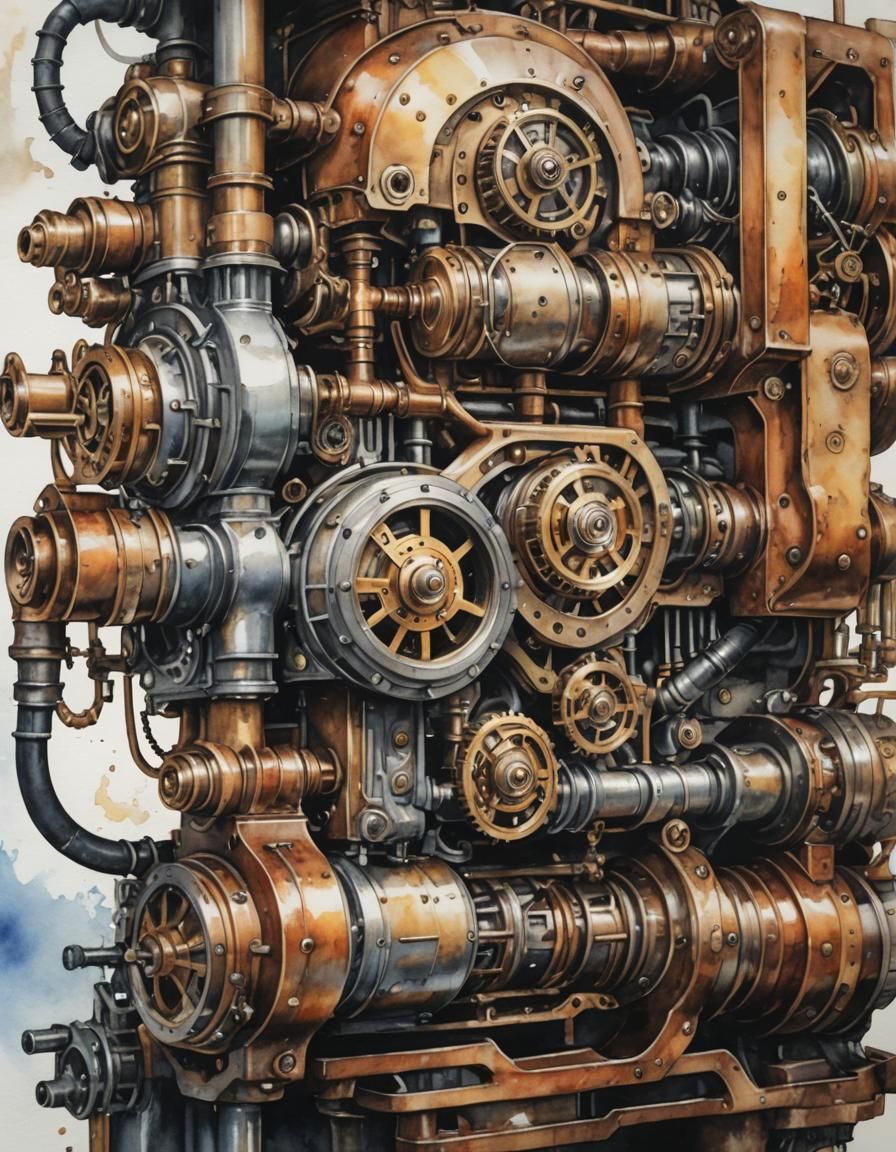 Distorted Unbalanced Reality, steampunk engine, watercolor, ...