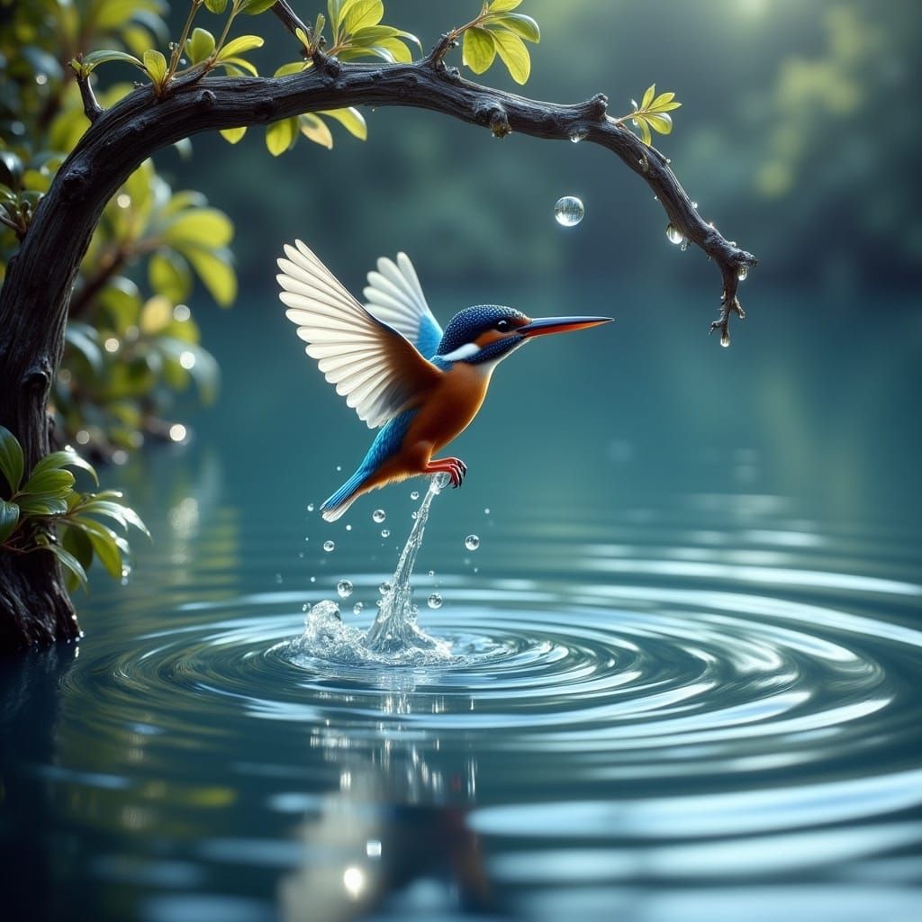 A kingfisher flying a few inches above the water is just out of the water. Water droplets fall from the ...  by @Night Horseman
