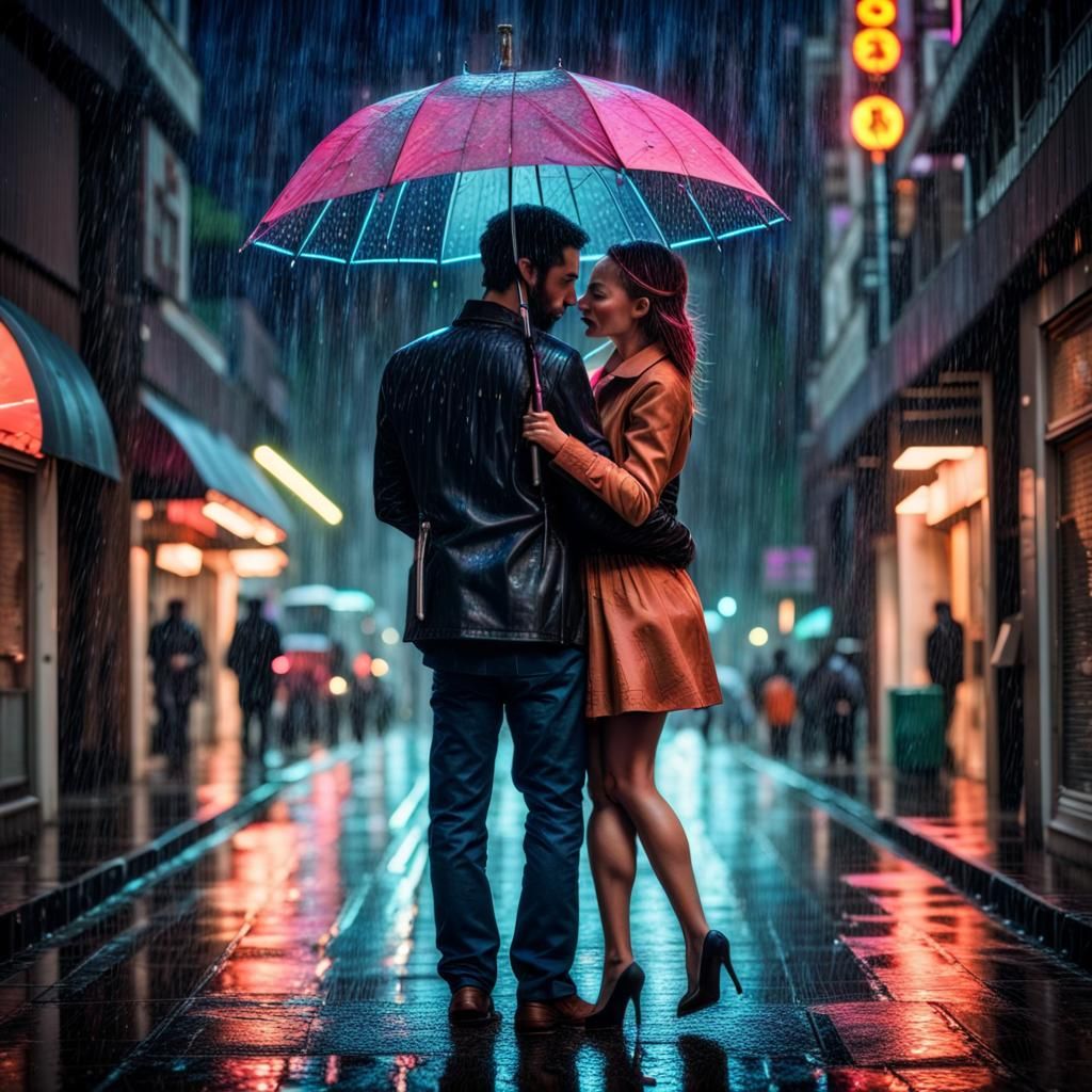 Neon rain falling on a couple embraced holding an umbrella 
