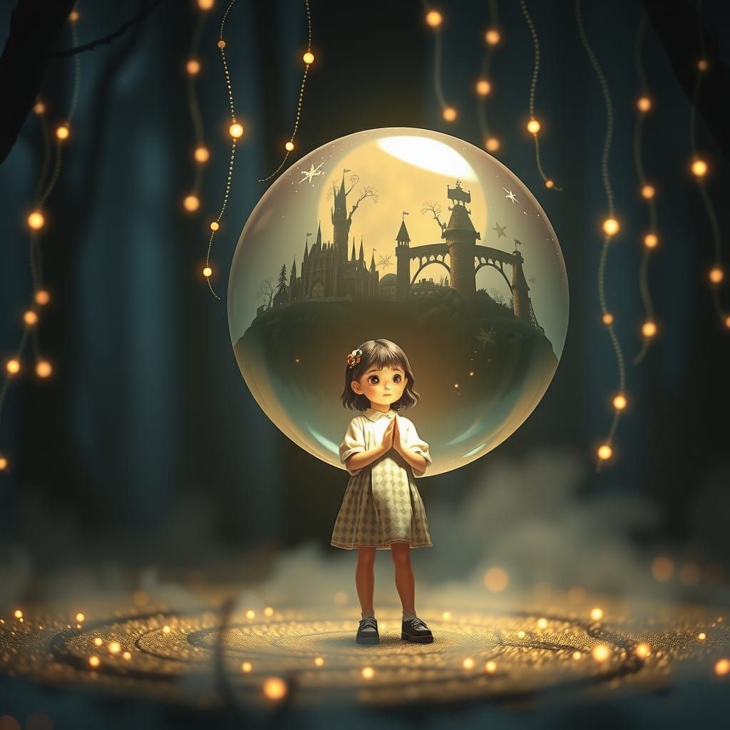 Girl with Magic Orb in Enchanted Forest
