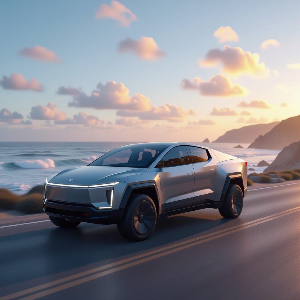 Hyper-realistic matte gray Tesla Cybertruck on the coastal road