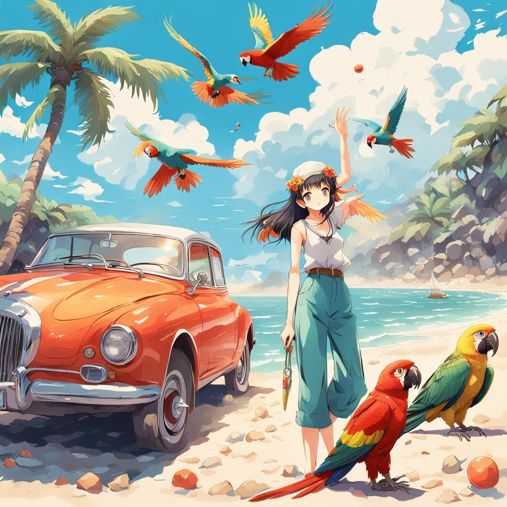 A beautiful girl, at the beach, almost nacked,a parrots are ...