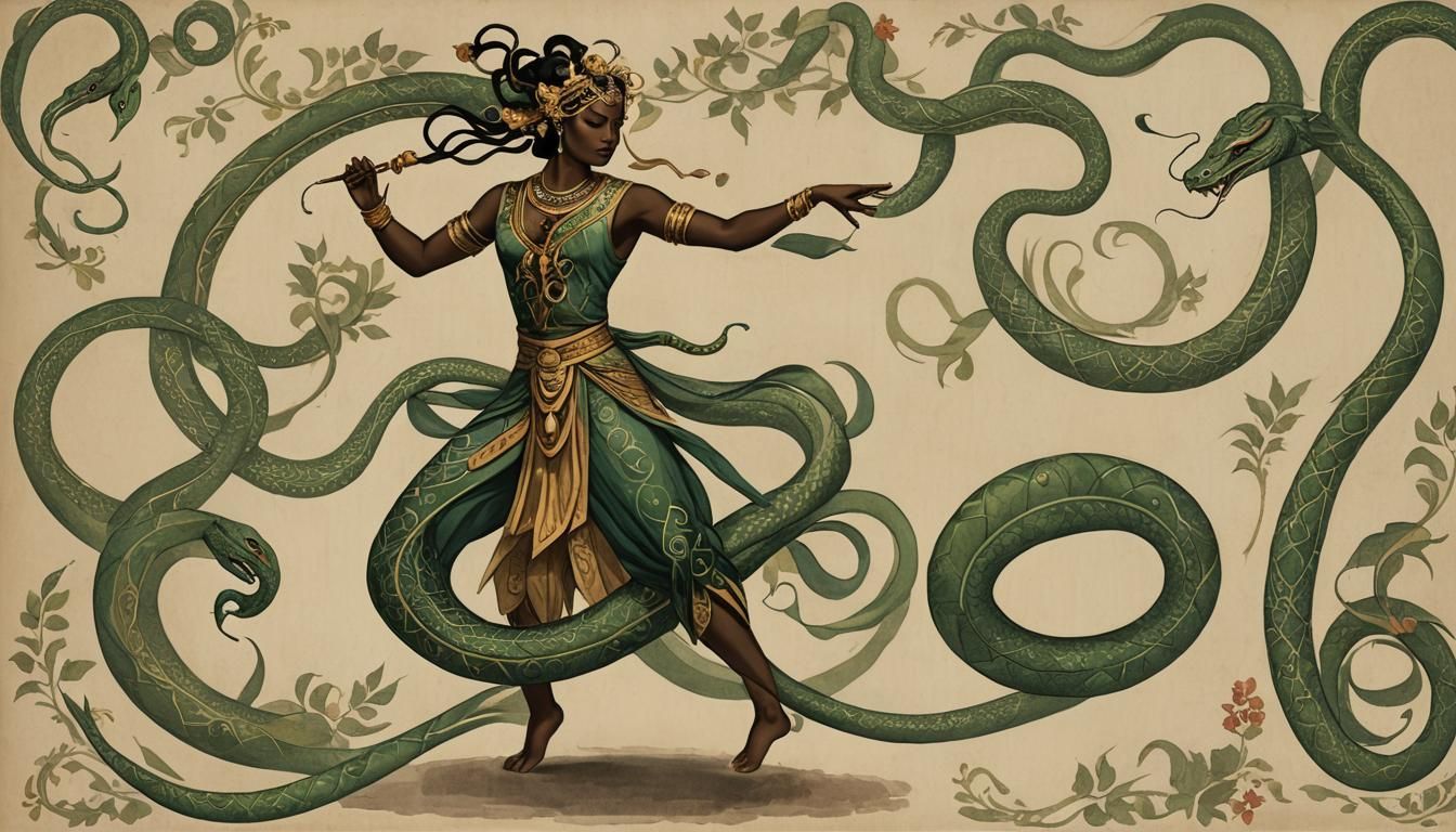 Serpent Dancer: Illustrate a human figure dancing in sync wi...