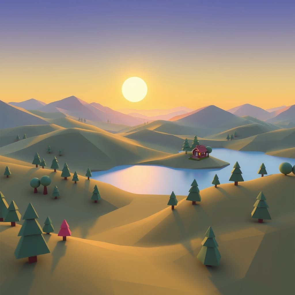Vibrant Low Poly Landscape with Pixelated Sunset and Cottage