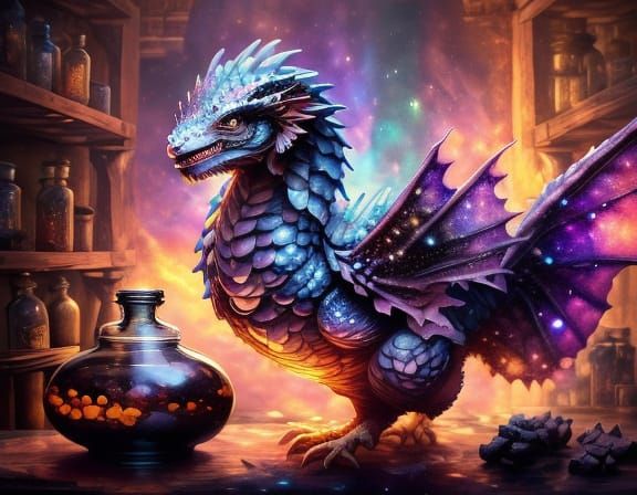 Baby Dragon Sleeps Near Glowing Potion in Alchemist's Cabine...