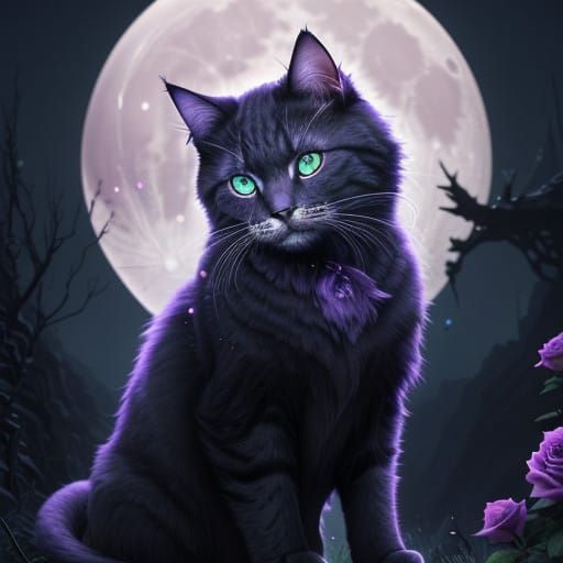 Regal Feline in Ethereal Aura Under Indigo Moon
