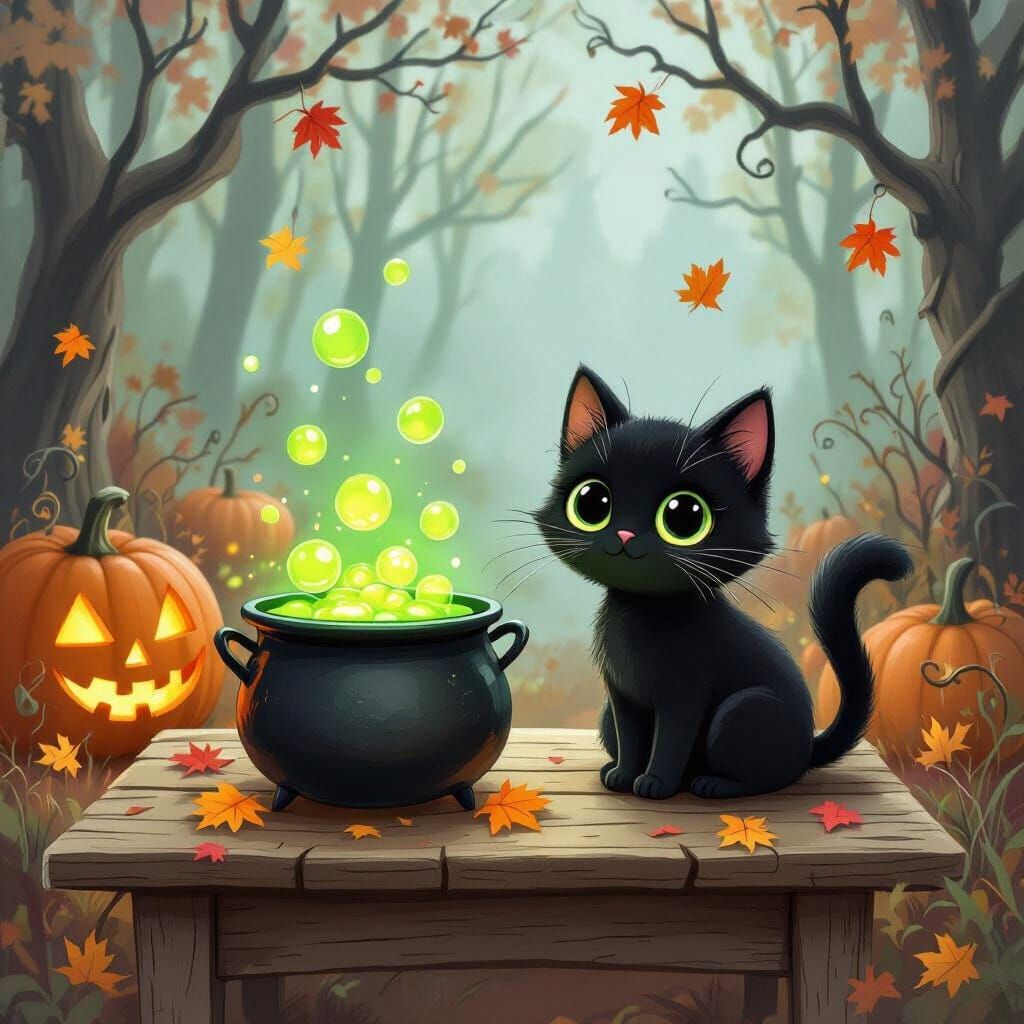 An enchanting autumn forest scene, with a weathered wooden table in the foreground. On the table, a cute black cat with big, shiny eyes sits...