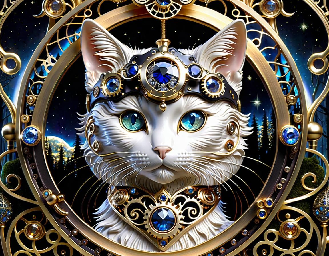 Steampunk Cat with Sapphire and Opal Details