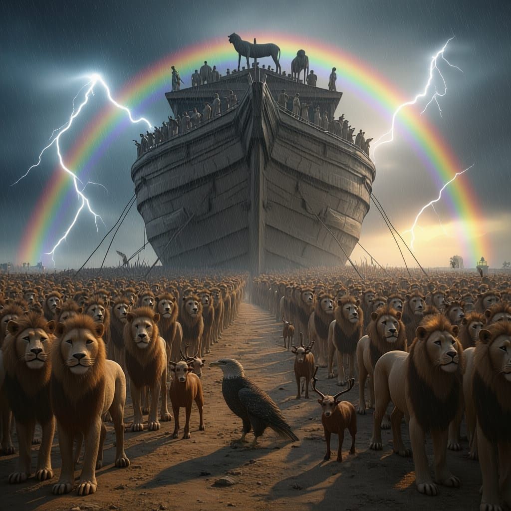 Noah's Ark Scene with Animals in Detailed Matte Painting Sty...