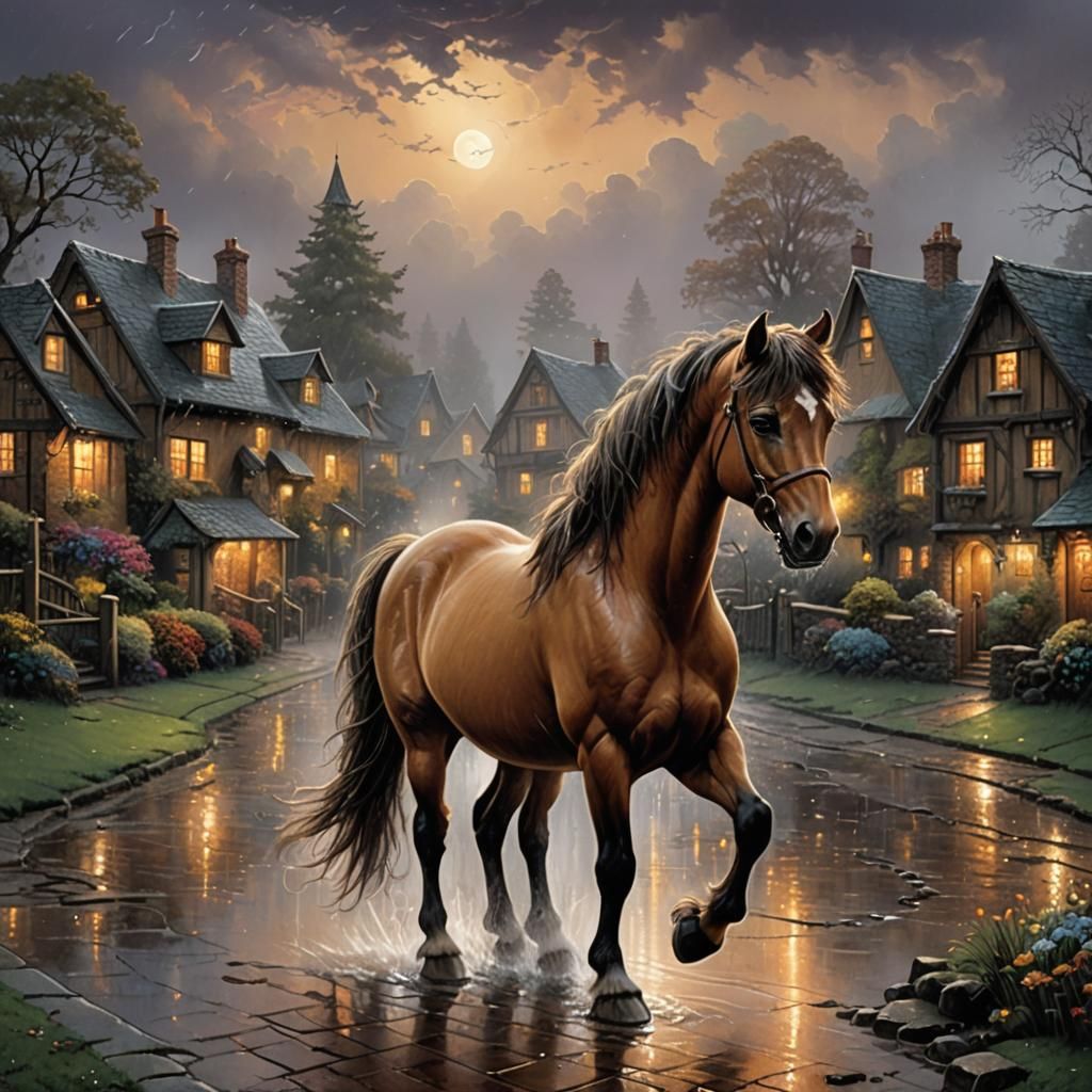 1 brown small pony bare back, dark rainy village, night, pou...