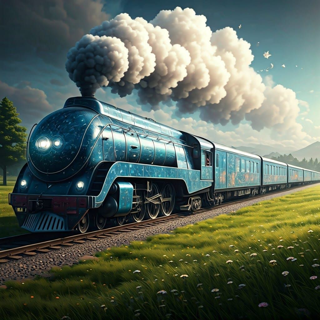 Dream Train Chugs Through Sun-Kissed Meadow in Cyberpunk Sty...