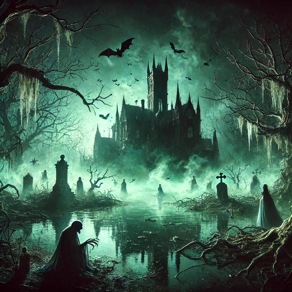 A gothic witch's manor shrouded in an eerie, necromantic atm...