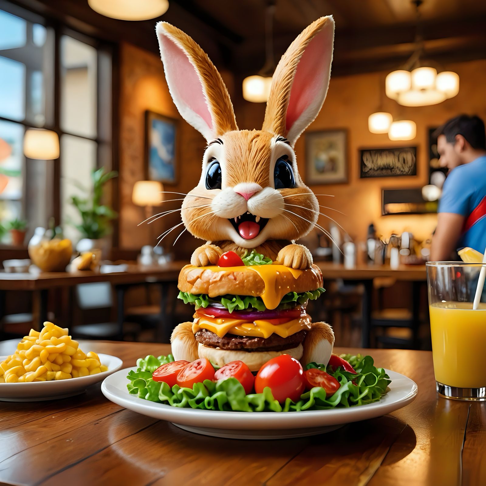 Photography art, a super cute irresistible Chiby bunny eating in a resto, concept art by Skottie Young, Ignacio Zuloaga,...