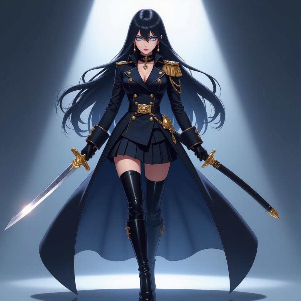 A young anime female admiral with a black navy uniform, a sword, long black hair, blue eyes, a coat, high heeled boots, gloves, some jewelle...