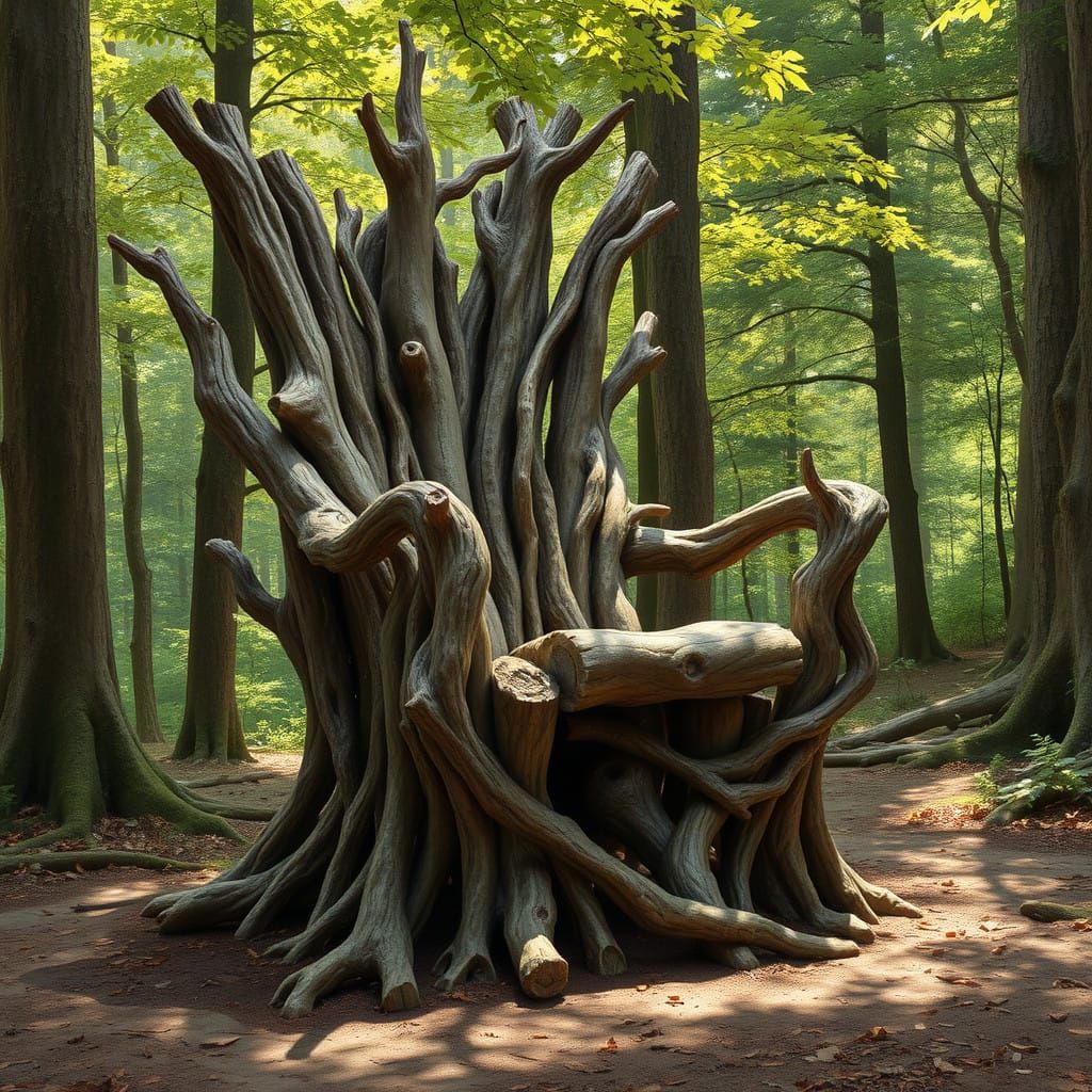 A chair made from tree trunks and branches in a forest 