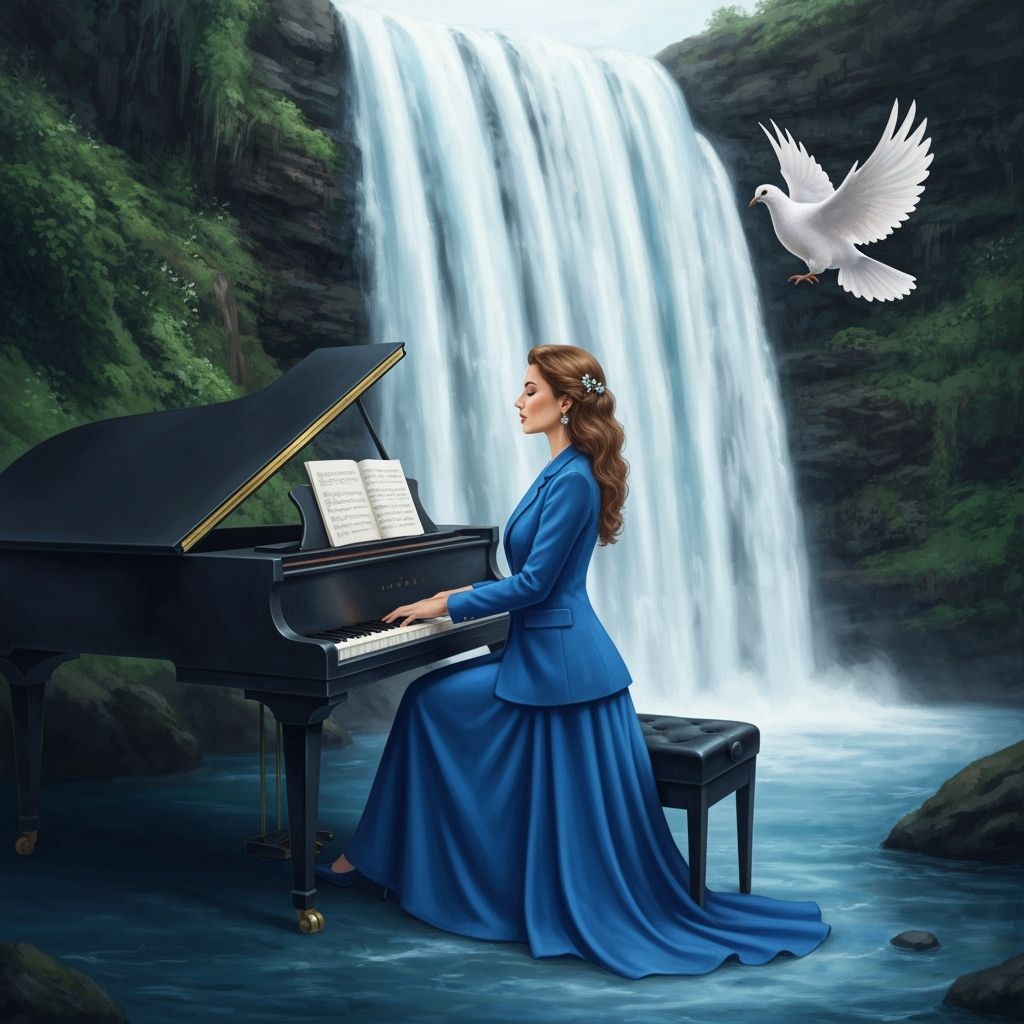 Elegant Lady Plays Piano at Waterfall with Magical Dove