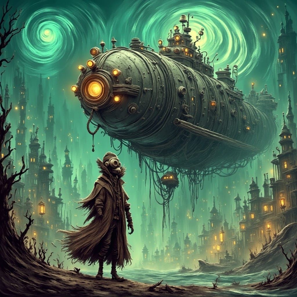 <lora:SybilThorn-6:1.0> aetherpunk auroracore fantasy post-apocalyptic dieselpunk steampunk retrofuturism dystopian dreamcore kinetic pointi...