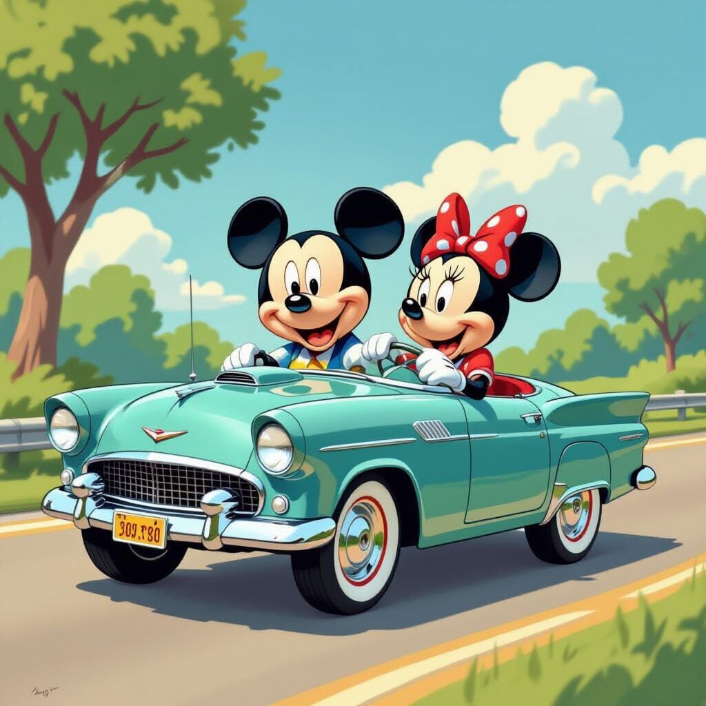 Mickey and Minnie Mouse Drive in Classic Disney Style