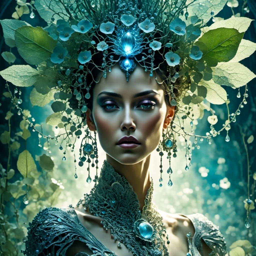 <lora:Xray:1.0> A stunning portrait of a cyborg priestess. The priestess is a perfect fusion of plant and machine, seamlessly integrated. Sh...