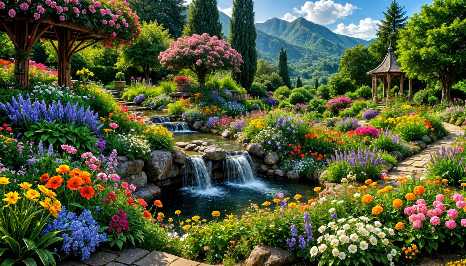 A breathtaking panorama unfolds: a vibrant, dazzling tapestry of flowers, a majestic garden cascading ...  by @MindWeather