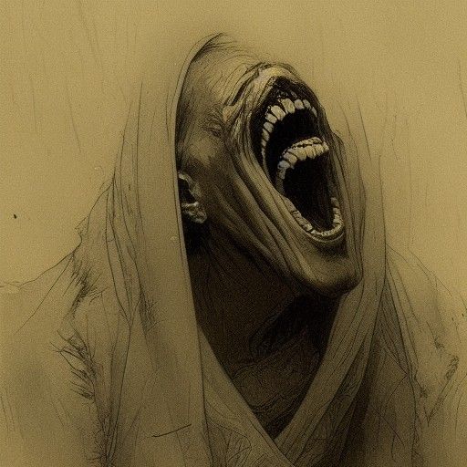 Creepy old woman laughing with huge mouth