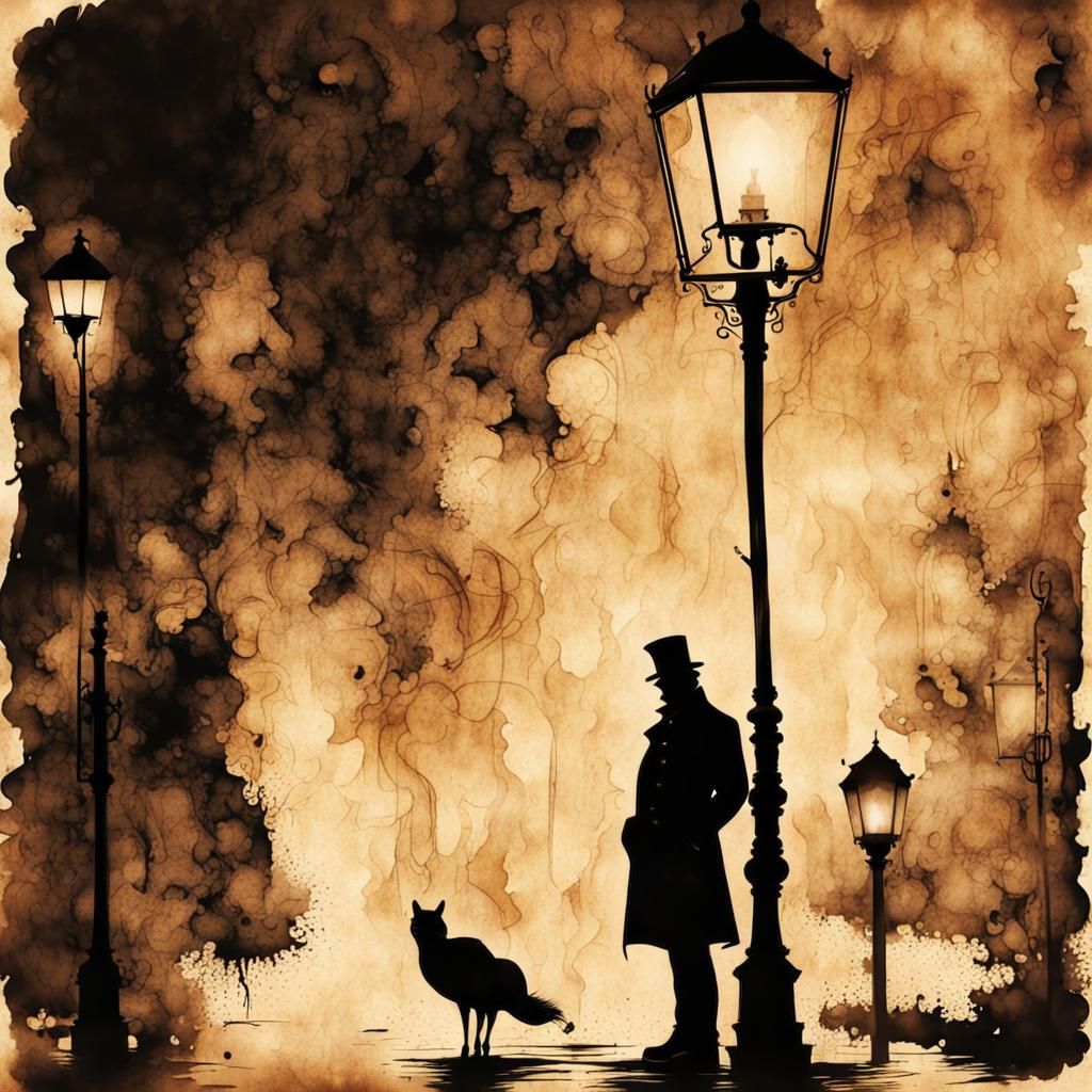 Silhouette of a man standing next to a lamp post, modern European ink painting, steampunk background, ink stains, the magician, on a street,...