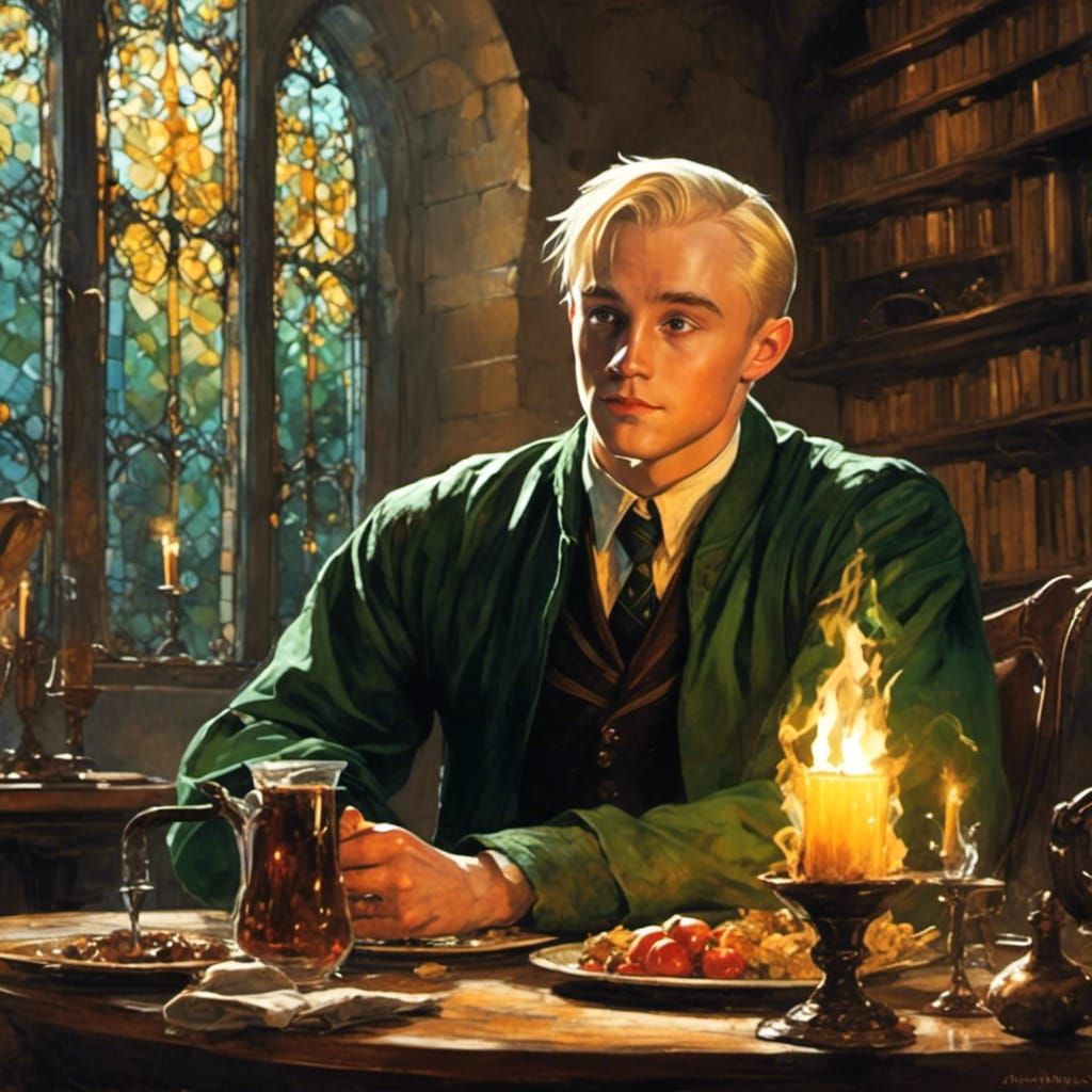 Cute Drako Malfoy back lit by Hogwarts Dining Room, by Michelangelo. <lora:di Michelangelo:1.0> 