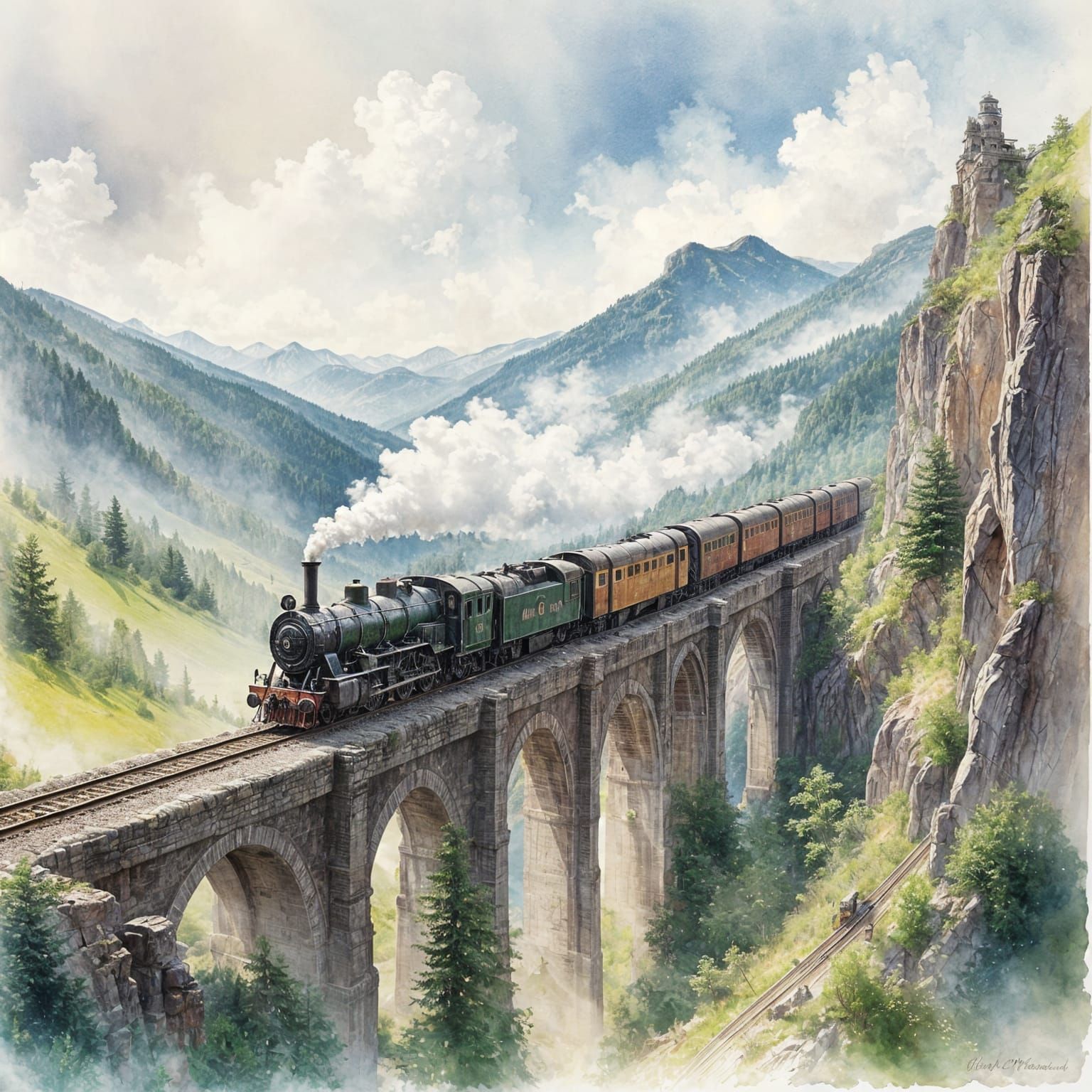 Watercolor Steam Train on Mountain Viaduct