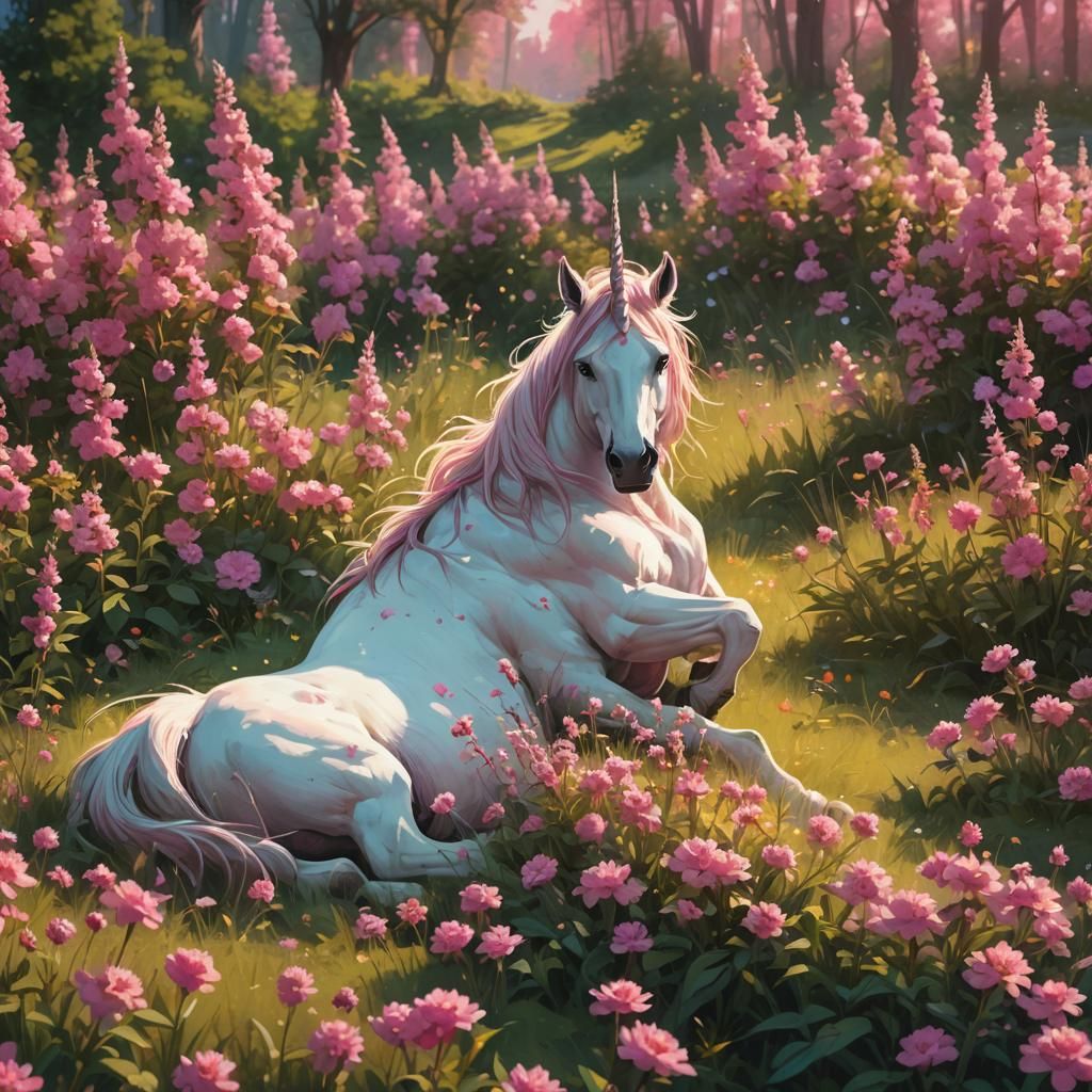 Unicorn in a Meadow of Pink Flowers