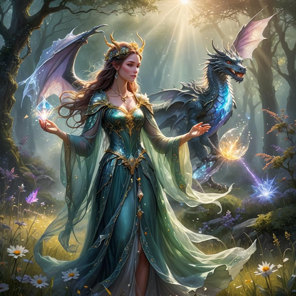 Dragon-Fairy Queen in Mystical Meadow with Crystal
