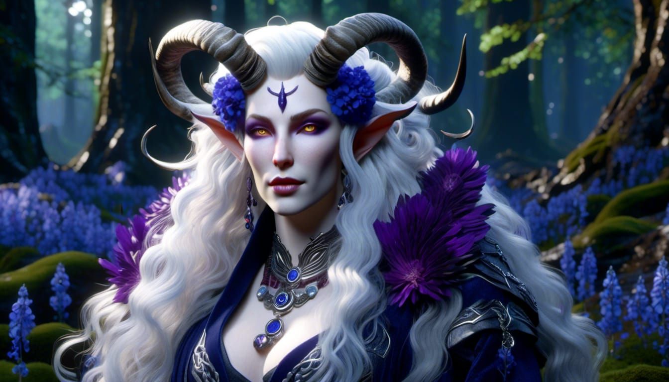 <lora:Multi-Genre Fusion:1.0> A plus-sized older female albino tiefling with a long face and strong features, deer horns, long curly white h...