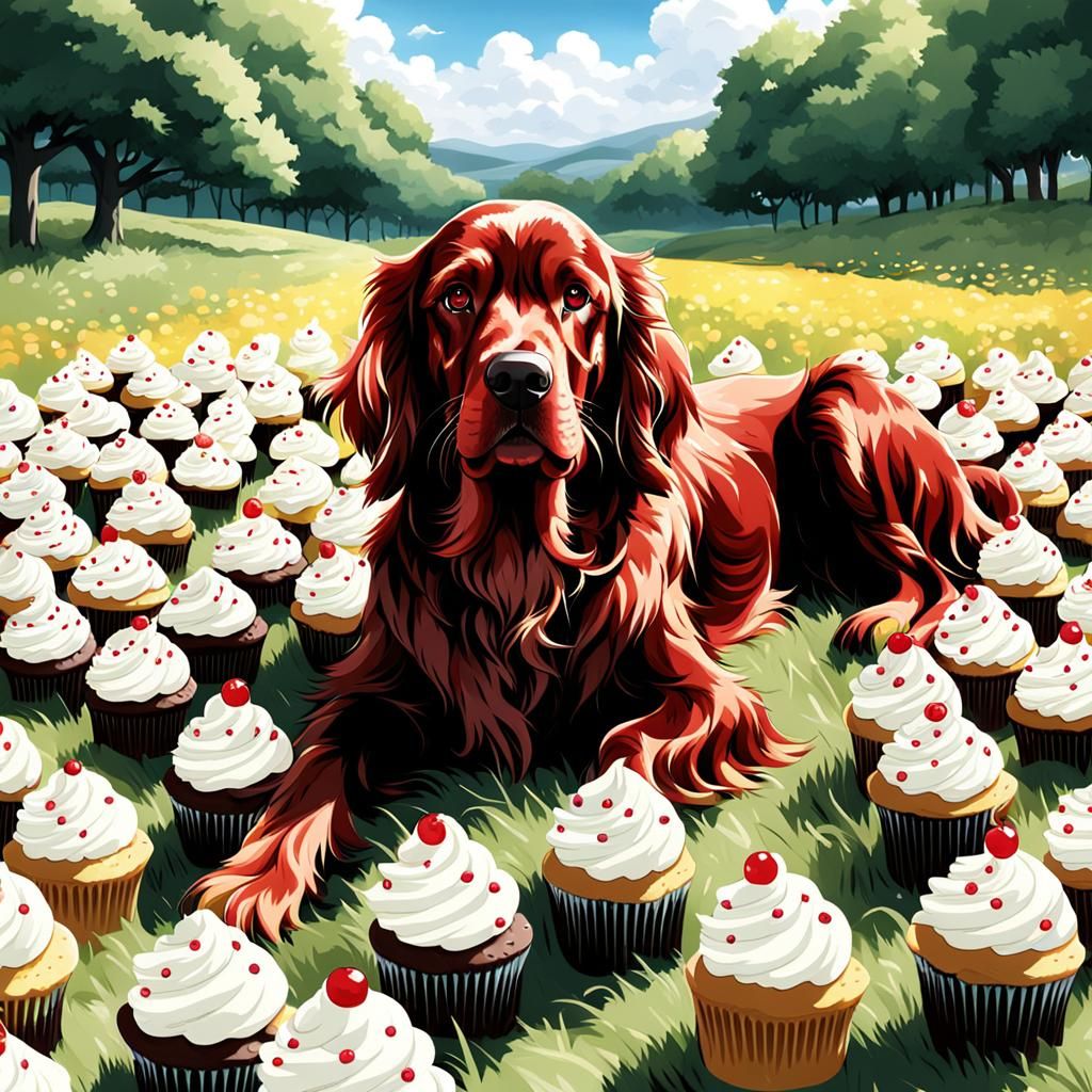 Irish setter lying in a field of  cupcakes