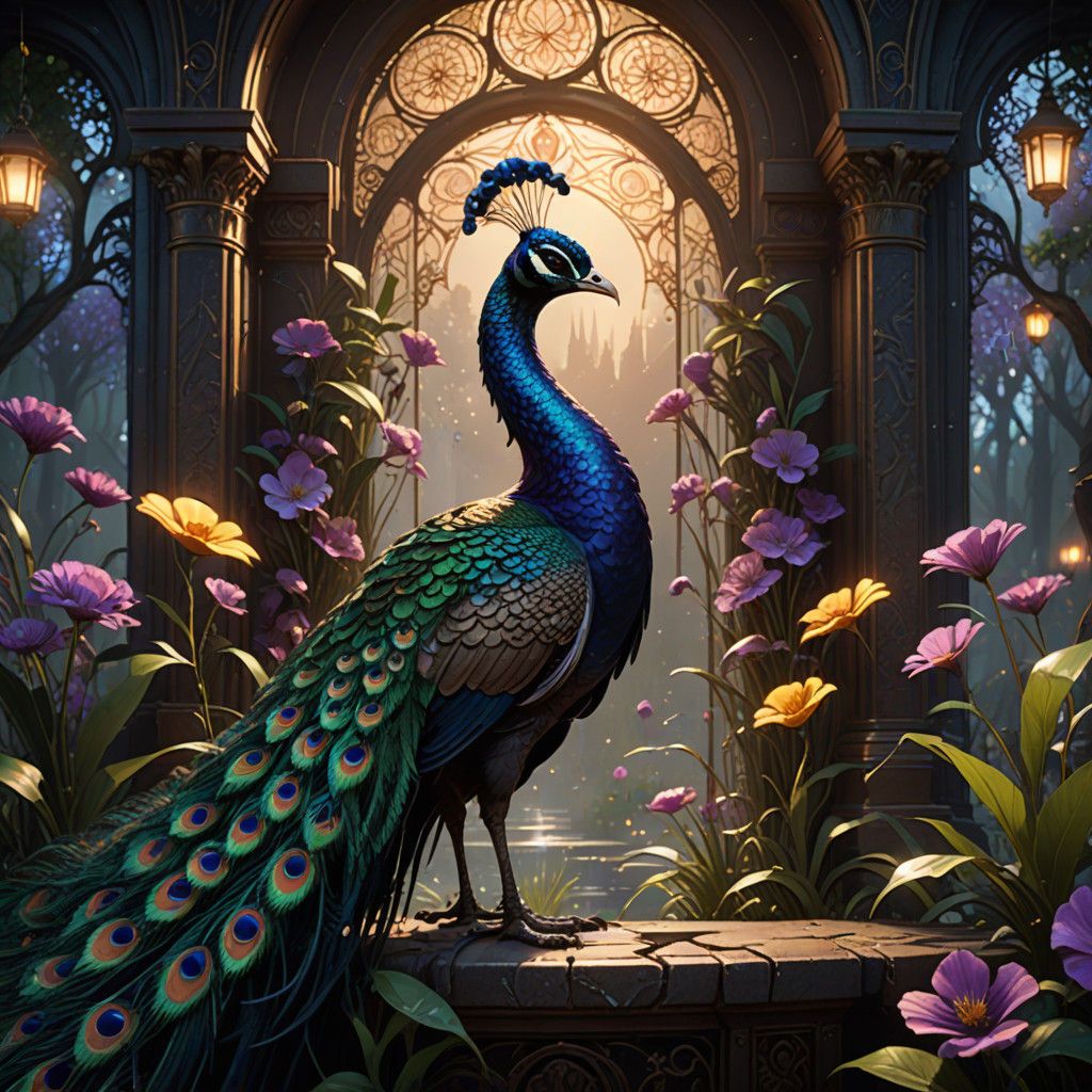A peacock displaying its colorful plumage in a lush garden filled with flowers.
A whimsical scene where ...  by @Sigas