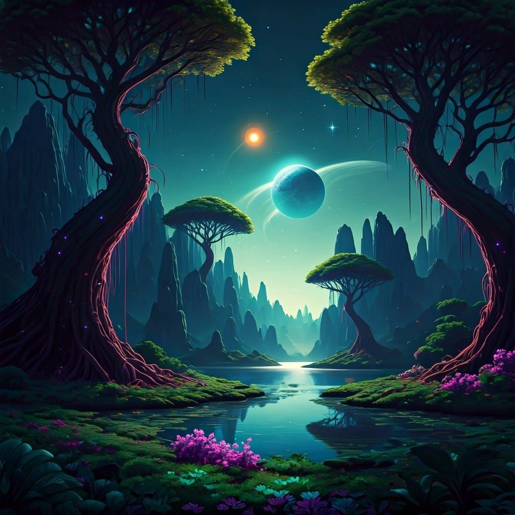 Lush Alien World with Bioluminescent Trees