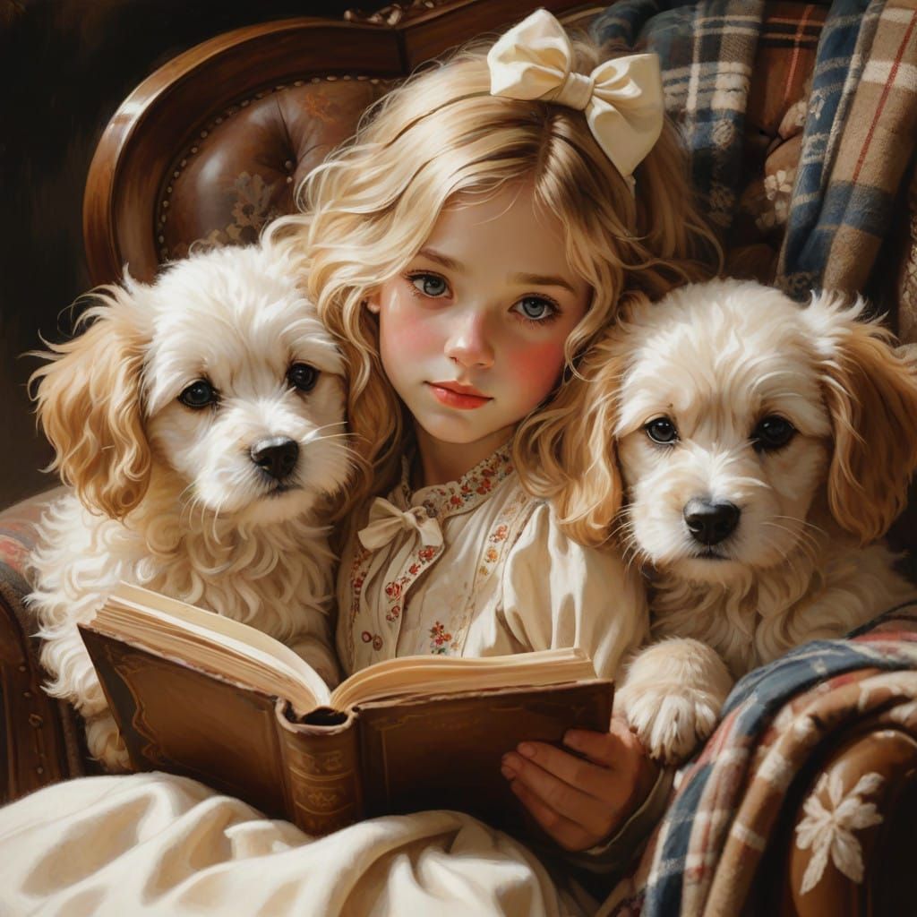 a little blonde girl with soft wavy hair reads a book with her two little dogs  by @Taurus