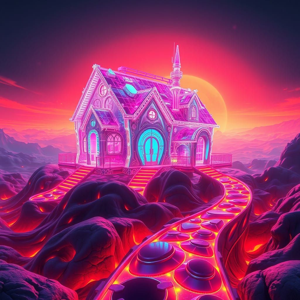Neon-Hued Futuristic Hologram House in Cyberpunk Landscape