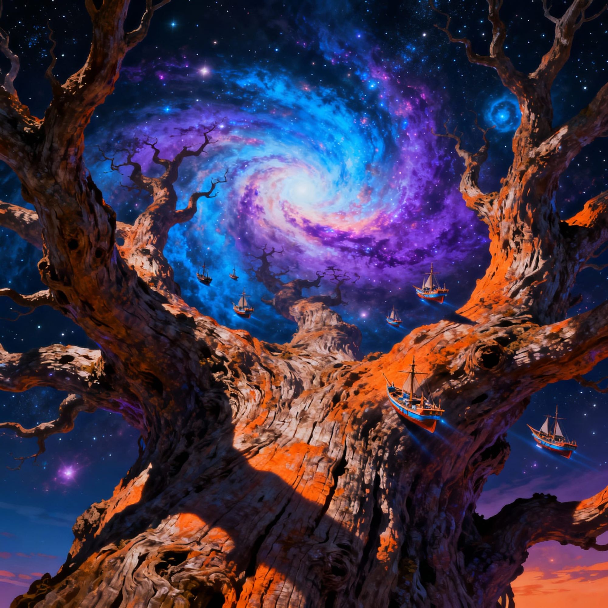 A colossal ancient tree, its bark textured with hyper-realistic detail, reaches towards a swirling nebula in deep space. Tiny, stylized ship...