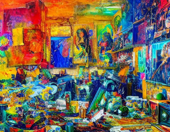 In the artist's studio. A gigantic chaos of colors, tools, f...