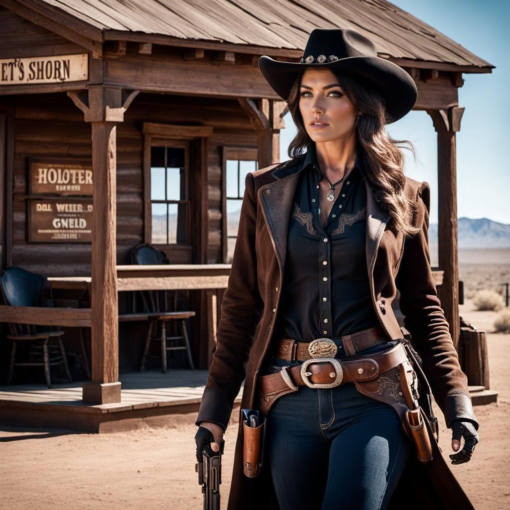 A female cowgirl gunslinger with dark dusty clothes and wide brimmed ...