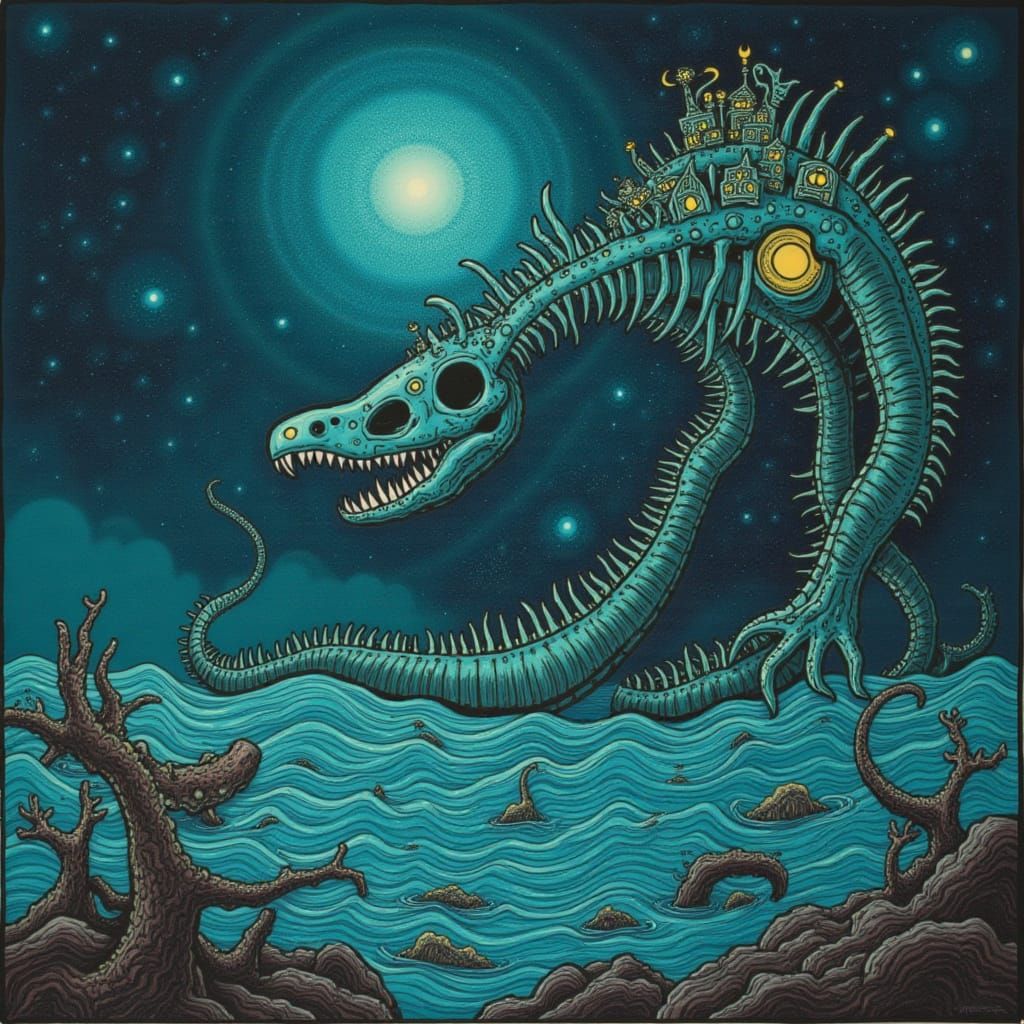 <lora:SQUIGGLE SEA:1.0> People living in a city inside a giant sea monster skeleton