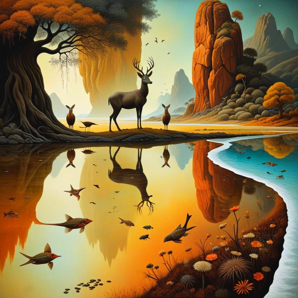 Surrealistic Landscape with Fantastic Creatures and Plants i...